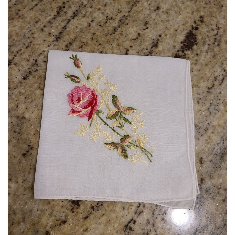 Vintage Dainty 10.5" Handkerchief Embroidered Pink Rose and Buds